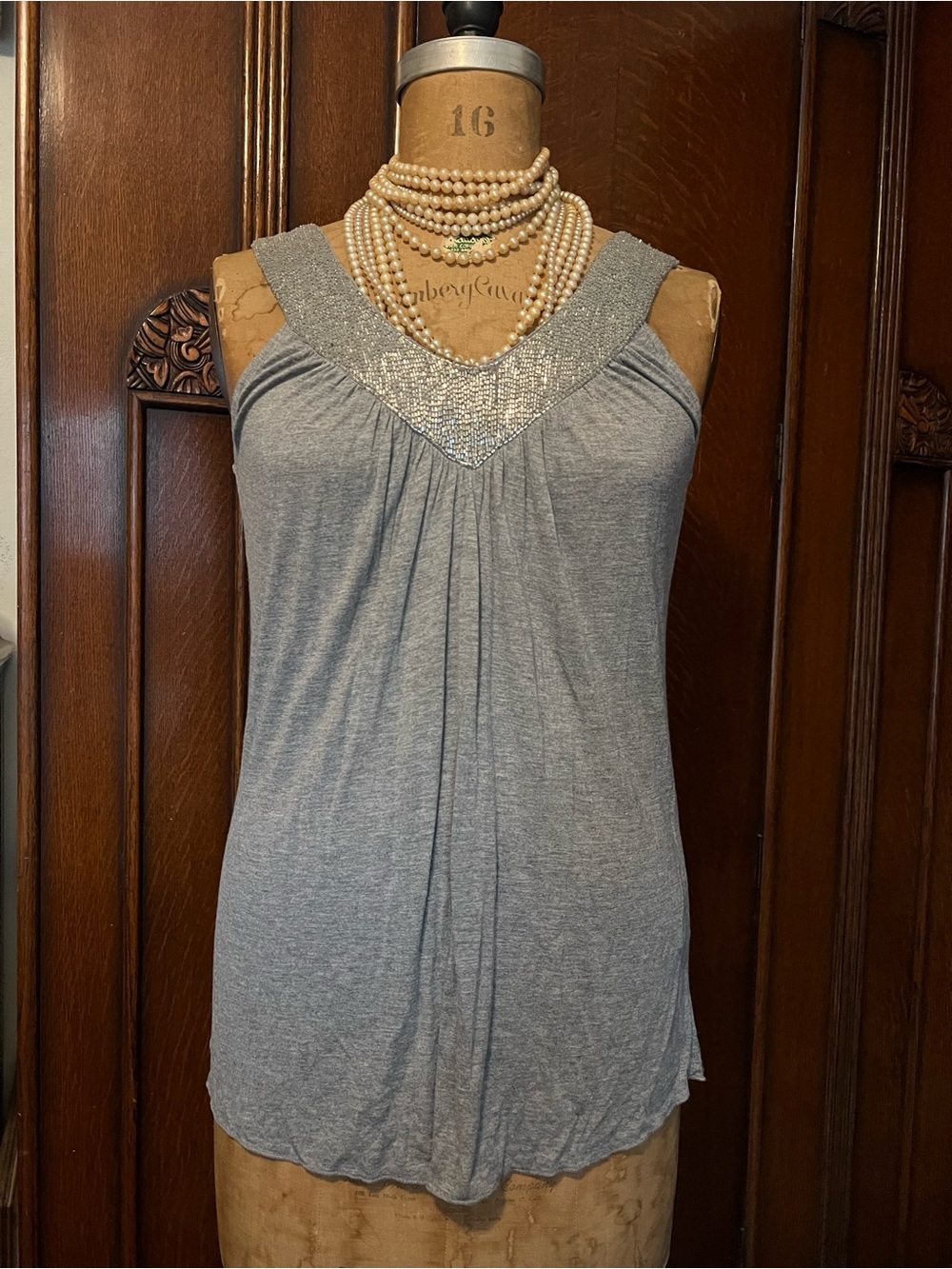 Matty M Y2K Grey Tank Top with Silver Beaded V-Neck Size Large